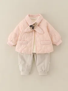 Baby Meisje Hart Doorgestikte Jas Cardigan En Broek Kledingset Met Konijnenpop Patch Peuter Winter Warm Outfit