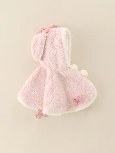 Plush pink hooded baby cape with lace trim and bow detail for winter warmth