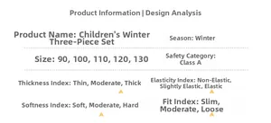 Size guide and thickness chart for toddlers winter fleece-lined three-piece clothing set