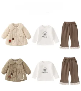 Detail view of toddler 3-piece set featuring quilted collar jacket and lace-trim pants