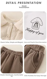 Detail of warm winter baby jacket showing collar, mushroom print and elastic pants pockets