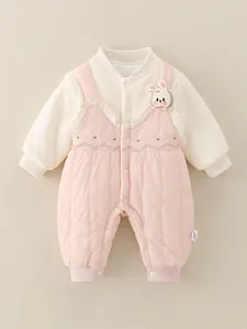 Baby Girls Winter Romper Quilted Fake Layered Long Sleeve Padded Bodysuit Sweet Bunny Floral Embroidered Warm Fall Jumpsuit