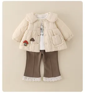 Toddler winter three-piece set with quilted beige jacket and floral lace details