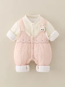 Quilted warm baby romper with pink overall design and 3D bunny patch on beige fabric