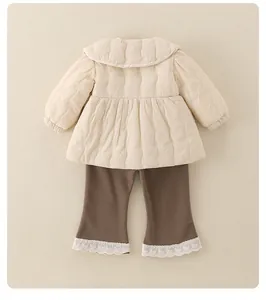 Detailed view of quilted winter baby jacket with lace trim trousers in Korean style