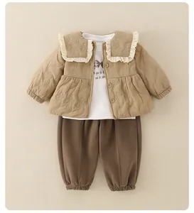 Three-piece winter clothing set for girls with quilted jacket and brown pants