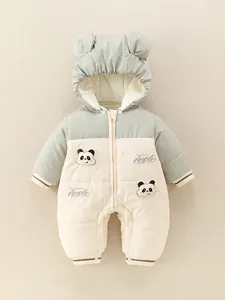 Grenouillère d'Hiver Rembourrée pour Bébé Combinaison à Capuche Panda Cartoon pour Nouveau-né Garçon Chaud Doublé de Polaire Vêtement d'Extérieur