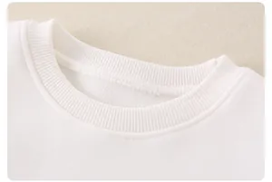 Close-up of white crew neck sweatshirt with ribbed collar and warm fleece lining