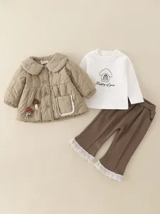 Cute mushroom embroidered 3-piece winter outfit set with quilted jacket for baby girls