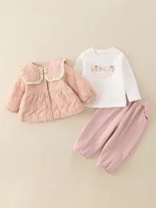 Toddler girl's 3-piece winter set with pink quilted jacket, white t-shirt and pants
