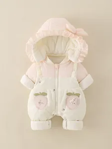 Winter Baby Mädchen Strampler mit Kapuze, Hasen-Stickerei und rosa Pfirsich-Taschen