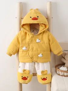 Infant Toddler Winter Quilted Warm Outfit Hooded Jacket And Pants Cute Duck Cartoon Thickened Thermal Apparel For Boys Girls