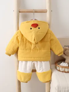 Winter infant hooded set with yellow chick design jacket and warm white trousers