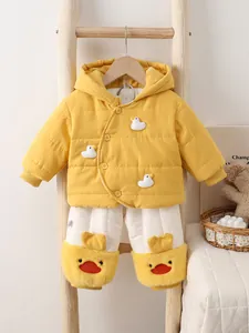 Winter infant thick warm suit with yellow hooded jacket and cartoon duck white pants