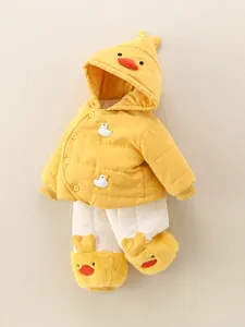 Winter infant cartoon duck outfit featuring yellow hooded jacket and fleece white pants