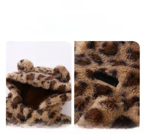 Detail of baby leopard fleece coat showing plush texture and cute 3D bear ears on hood