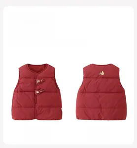 Detail view showing traditional Chinese knots and back design of baby red down vest