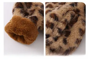 Close-up of leopard print faux fur texture and stitching details on baby winter jacket