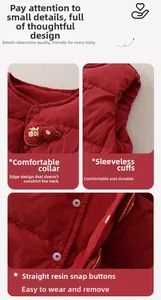 Detail view of baby red down vest featuring resin snaps and soft neck binding