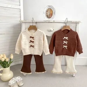 Baby Mädchen Strickjacke Schlaghose Viskosemischung Warm Langarm Outfit Schleife Rippenstrick Herbst Winter Kleidung