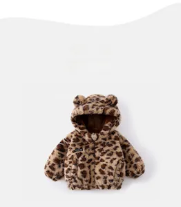 Close-up of leopard print baby jacket with plush hood and cute 3D bear ears