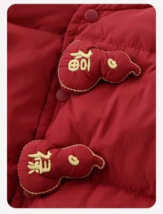 Detail of red quilted vest with embroidered gourd patches and matte round buttons