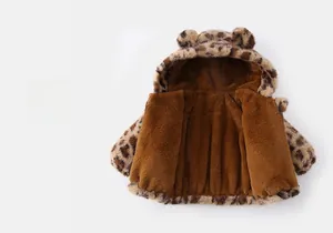 Detail of baby leopard print hoodie with plush fleece lining and cute animal ears