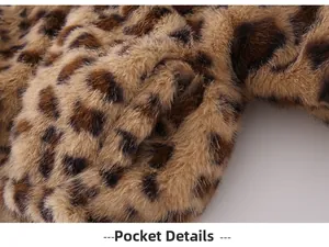 Close-up of functional pocket details on a warm leopard print plush jacket for toddlers
