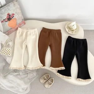 Pantaloni a Campana per Neonata Foderati in Pile Pantaloni in Maglia a Costine Con Bordo in Pizzo Caldi Leggings Casual Autunno Inverno
