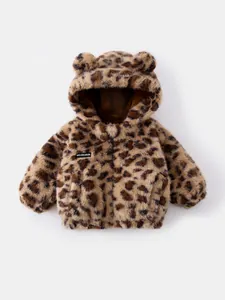 Leopard Print Faux Fur Hooded Jacket With Bear Ears For Infants Toddlers Winter Thick Fleece Lined Coat Baby Outerwear
