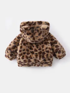 Toddler girl's winter leopard faux fur hooded jacket with cute 3D ears and warm plush lining