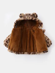 Infant winter leopard print hooded faux fur jacket with cute plush bear ears decoration