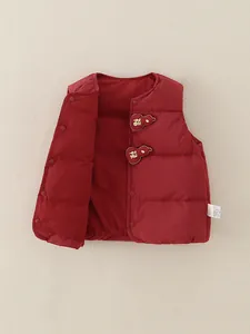Lightweight red quilted down vest for babies with traditional gourd embroidery details