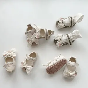 Baby Girls Floral First Walkers Mary Jane Shoes With Lace Bow Cherry Embroidery Soft Sole Anti Slip Hook Loop Toddler Shoes
