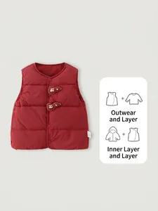 Red quilted baby down vest with festive Fu and Lu gourd patches for winter warmth