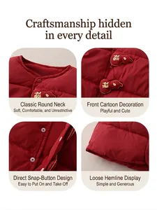 Red lightweight puffer vest for kids featuring traditional gourd embroidery and snap buttons