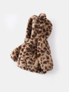 Winter leopard faux fur hooded jacket for baby girls with soft thick warm plush fabric