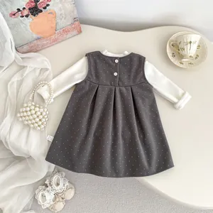French vintage style girls' dark grey polka dot pinafore dress and white long sleeve shirt set