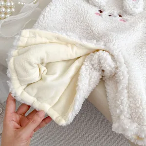 Plush white baby rabbit sherpa romper with soft lining and cute embroidery details