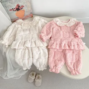 Pyjama en Polaire Corail Épaissi d'Hiver pour Fillettes Haut Et Pantalon Col en Dentelle Manches Longues Vêtements de Nuit