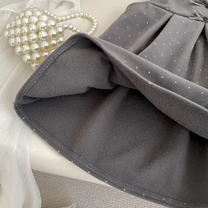 Girl's sweet grey polka dot dress with bow and pleated hem, 2025 winter two-piece set