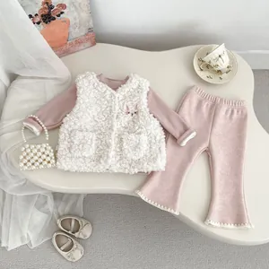 Ensemble d'hiver 3 pièces pour filles avec pantalon évasé rose et gilet lapin