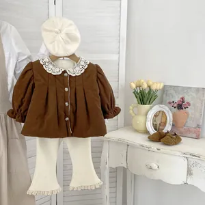 Winter girls corduroy outfit with lace collar, flared pants and beret hat set