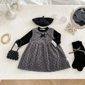 Mädchen Winter Punktiert Trägerkleid Mit Schleife Fleece Gefüttert Warm Kinder A-Linie Prinzessin Kleid Verdickte Outfits Set