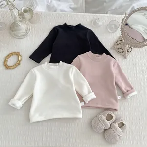 Three warm fleece-lined long sleeve T-shirts for kids in black, white, and pink