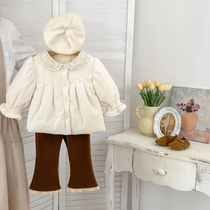 Toddler girls corduroy outfit featuring lace collar top, flare pants, and matching beret