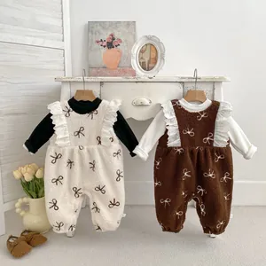 Baby Girls Winter Thickened Fleece Romper Shirt And Bow Pattern Vest Crawling Suit With Lace Trim Infant Warm Clothes