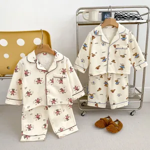 Baby Boys Girls Cartoon Bear Dog Print Pajamas Long Sleeve Button Down Top And Pants Loungewear Cotton Blend Fall Winter