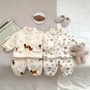 Kleine Jongens Winter Verdikt Fleece Pyjama Set Cartoon Beer Hond Cardigan Top En Broek Tweedelige Thermische Homewear
