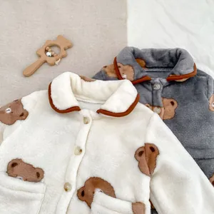 Ensembles pyjamas bébé en flanelle d'hiver avec motifs ours en beige et gris foncé